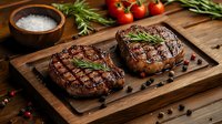 Grilled ribeye steaks with rosemary sprigs and peppercorns on wooden serving board, accompanied by fresh cherry tomatoes and coarse sea salt in rustic setting.