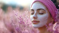 Young woman with facial clay mask relaxing outdoors among pink wildflowers wearing pink headband, eyes closed in peaceful expression during skincare routine.