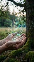 Hands holding magical glowing swirls and leaves in nature forest setting representing growth, healing energy, and environmental connection.