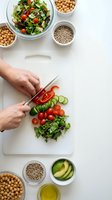 Hands chopping fresh vegetables on cutting board with mixed salad bowl, chickpeas, sunflower seeds and avocado for healthy meal preparation.