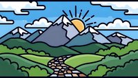 Mountain landscape with winding stone path through green hills under sunny sky with fluffy white clouds. Nature scenery for outdoor adventure and travel themes.