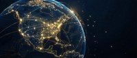 Global network connections illuminating Earth with golden light trails across continents showing digital connectivity and worldwide communication systems.