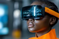 Young African American woman wearing virtual reality headset with futuristic city reflection in lens, dressed in orange outfit against blurred tech background.