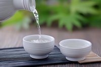 Clear water pouring from white ceramic teapot into traditional tea bowl on wooden table with green garden background for relaxation and wellness concepts.