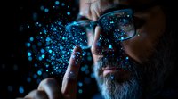 Mature bearded man in glasses with glowing blue particles effect, dramatic lighting creates mysterious atmosphere. Conceptual portrait represents innovation.