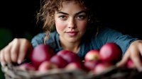 Young woman with curly hair holding basket of fresh red apples in kitchen, healthy eating lifestyle concept for organic food marketing.