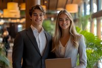 Young business professionals smiling in modern office lobby, wearing formal attire and holding laptop, representing corporate success and teamwork.