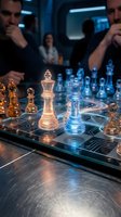 Glass chess set with illuminated pieces on modern board while business professionals strategize in background office environment.