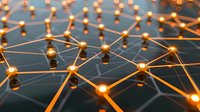 Glowing orange network nodes connected by illuminated lines against dark background, representing digital connectivity and neural networks in technology.