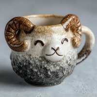 Adorable ceramic ram sheep mug with curved horns and smiling face for coffee tea drinking kitchen decor and gift giving occasions.