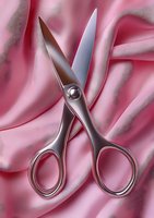 Metal scissors with sharp blades on soft pink silk fabric background with elegant folds and gentle shadows, suitable for beauty and fashion industry designs.