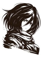 Monochrome anime style portrait of young female character with short dark hair and scarf, dramatic side view against white background, ink art style illustration.