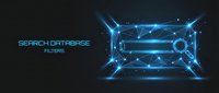 Digital search database interface with glowing blue wireframe magnifying glass and geometric network connections on dark background for tech applications.