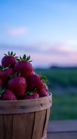 Fresh ripe strawberries in rustic wooden basket at sunset with dreamy pastel sky and blurred countryside landscape background for summer harvest concept.