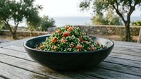 Vibrant tabbouleh salad with fresh parsley, tomatoes, and bulgur wheat served in black bowl on wooden table with countryside landscape backdrop.