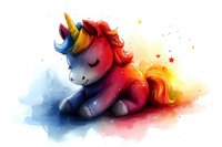 Sleeping unicorn with rainbow mane and tail on watercolor background with magical stars and sparkles, fantasy art for nursery decor and children illustration.