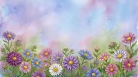 Watercolor wildflower meadow border with purple pink blue daisies on pastel sky background for spring summer greeting cards and botanical designs.