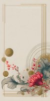 Elegant floral composition with pink chrysanthemum and blue leaves on beige background with gold geometric frame and accents. Luxury invitation design.