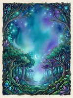 Enchanted forest landscape with ornate frame, glowing trees, magical night sky with stars and crescent moon, mystical woodland scene with luminescent flora and fauna.