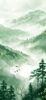 Misty mountain landscape in soft green tones with pine forest silhouettes and flying birds, creating serene atmospheric scenery for wall art and meditation spaces.