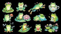 Cute green frog clipart set with 12 charming characters, isolated on transparent background, ready for stickers, t-shirt design, print on demand, and sublimation projects.