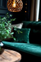 Luxurious emerald green velvet sofa with decorative copper pendant lamp creating cozy atmosphere. Indoor plant and wooden table add warmth to modern interior design.
