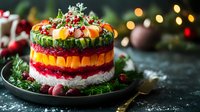 Festive layered vegetable salad with beets, carrots, eggs, avocado and pomegranate seeds on dark plate. Holiday appetizer garnished with fresh herbs against bokeh lights.