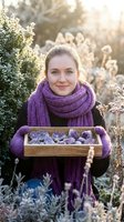Young Caucasian woman in purple knit scarf holding wooden box of fresh purple vegetables in frosty winter garden with golden sunlight filtering through plants.