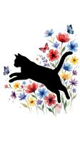 Cat silhouette leaping through vibrant watercolor flowers and butterflies on white background, isolated design element for apparel and merchandise.