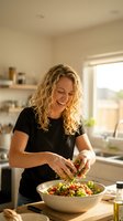 Happy blonde woman preparing fresh salad in modern kitchen, adding ingredients to healthy meal with natural lighting and warm atmosphere.