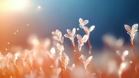 Delicate young plant sprouts reaching toward light with soft white leaves against dreamy blue and orange gradient background.
