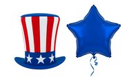 Patriotic Uncle Sam top hat with stars and red white stripes next to blue star balloon isolated on white background for Fourth of July designs and celebrations.