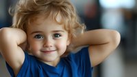 Adorable blonde toddler boy with curly hair smiling at camera with hands behind head in relaxed pose. Child portrait for family and parenting content.