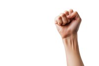 Raised fist gesture showing power, resistance and unity on white background, isolated female hand demonstrating strength and solidarity.
