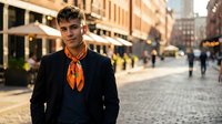 Young confident businessman in black suit with orange scarf walking on urban street. Professional male model in formal attire for corporate lifestyle concepts.