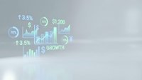 Holographic financial data visualization with growth charts, percentage increases, and dollar symbols floating above modern workspace surface for business analytics.