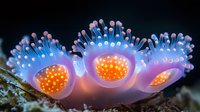 Luminescent coral polyps in vibrant purple and orange colors against dark background, macro underwater photography showing detailed marine life structure.