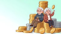 Elderly couple sitting on stacks of golden coins celebrating financial success and retirement savings on mint green background.