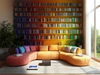 Modern living room interior with colorful rainbow bookshelf wall arrangement, curved peach sectional sofa with pillows, large window, and decorative plants.