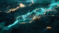 Abstract digital network visualization with glowing turquoise and gold connections on dark background, representing technology, data, or artificial intelligence concept.