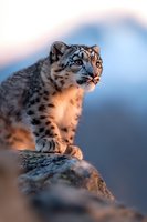 Snow leopard in natural mountain habitat at sunset, sitting alert on rocky outcrop with blurred background and warm lighting creating dramatic wildlife scene.