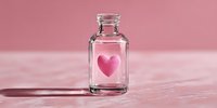 Clear glass bottle with pink heart shape inside against soft pink background. Romantic minimal composition for Valentine's Day, love concepts, or cosmetic branding.