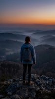 Hiker woman standing on rocky mountain peak at sunrise overlooking misty forested valleys below, wearing blue jacket and backpack, contemplating scenic landscape view.