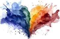 Vibrant watercolor heart with rainbow gradient from blue to red, artistic paint splashes and drops on white background for creative projects.