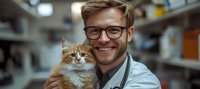 Young male veterinarian with glasses and white coat holding fluffy ginger cat in veterinary clinic. Professional healthcare worker smiling while examining feline patient.