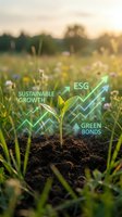 Young plant seedling growing from soil with ESG sustainable growth and green bonds financial arrows overlay representing eco-friendly investment concepts.