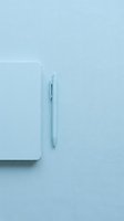 Minimalist flat lay composition featuring a light blue pen positioned next to an open notebook on a soft blue background, suitable for business, education, and stationery design projects.