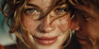 Young woman with freckles and flowing hair in golden sunlight, natural beauty portrait with warm lighting and gentle smile for lifestyle content.