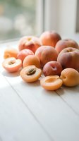 Fresh ripe apricots and halved fruits with pits on white wooden table near window. Organic summer stone fruit harvest for healthy eating and cooking.