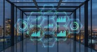 Modern office interior with holographic data visualization displaying hexagonal interface elements, charts and analytics overlays for business technology presentations.